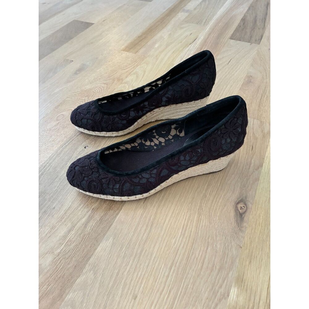 Lands' End Women's Black Lace Espadrilles Wedges 8.5